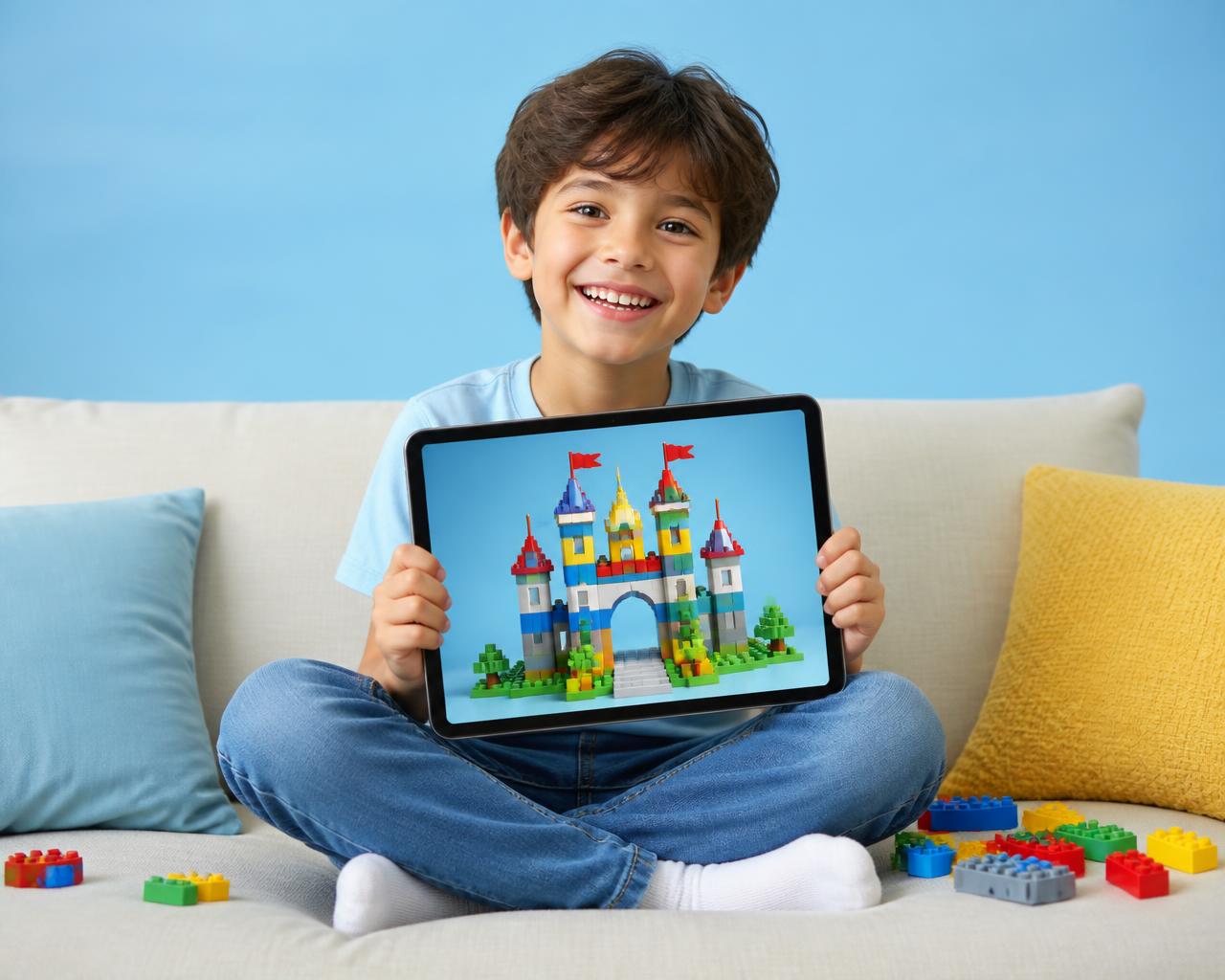 A child building a bright 3D brick world on a tablet