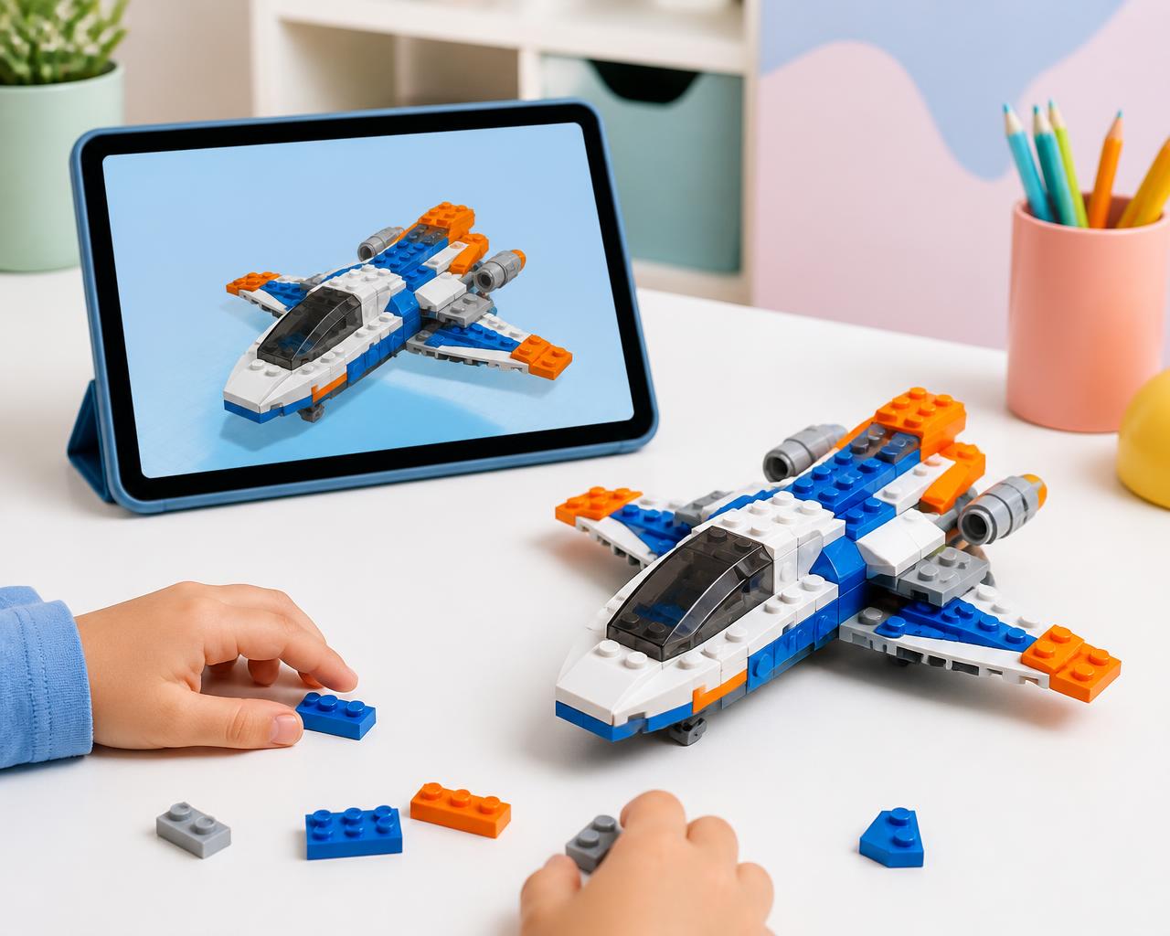 A finished brick spaceship on a desk next to a tablet showing the same build digitised