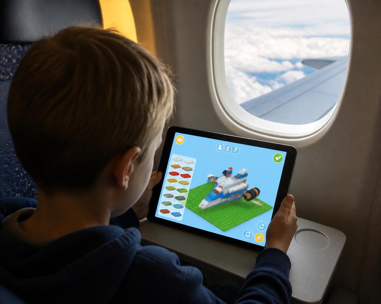 Over-the-shoulder view of a child building a colourful 3D brick house on a tablet